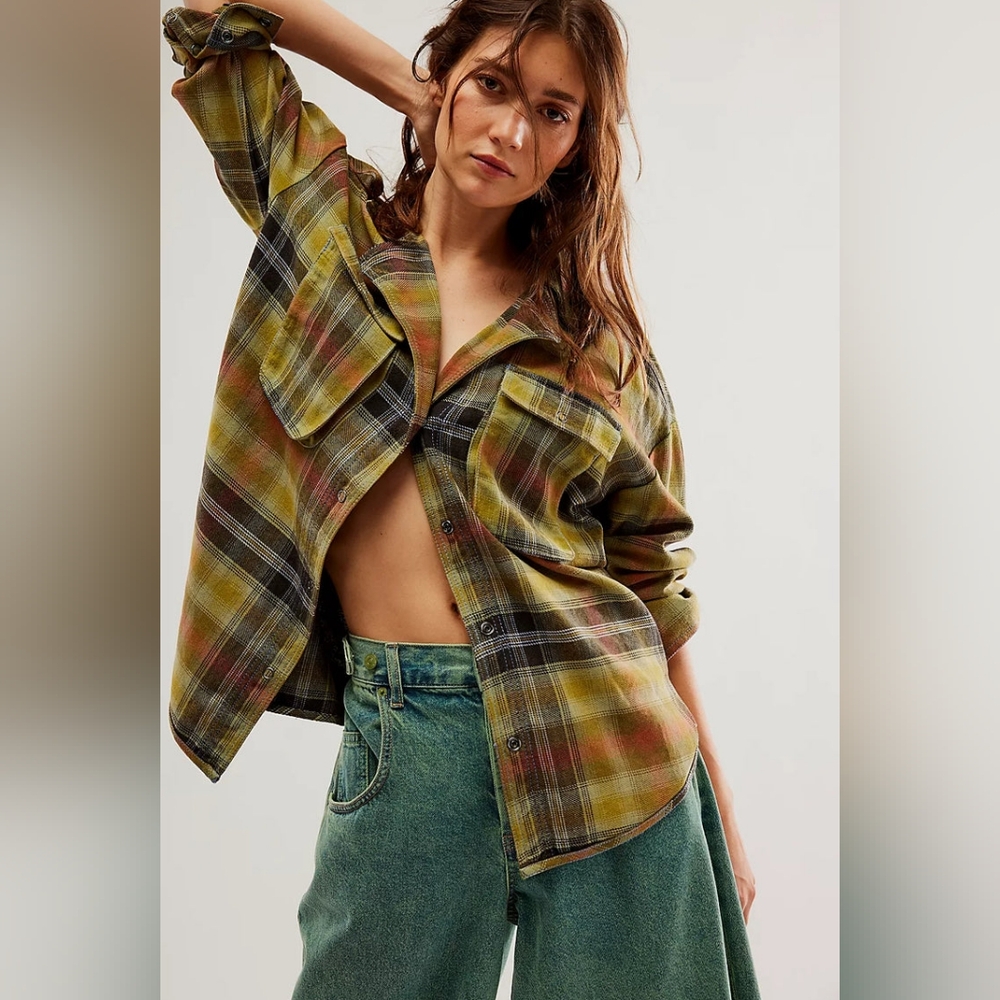 Free People Izzie Multicolor Plaid Button Down Shirt